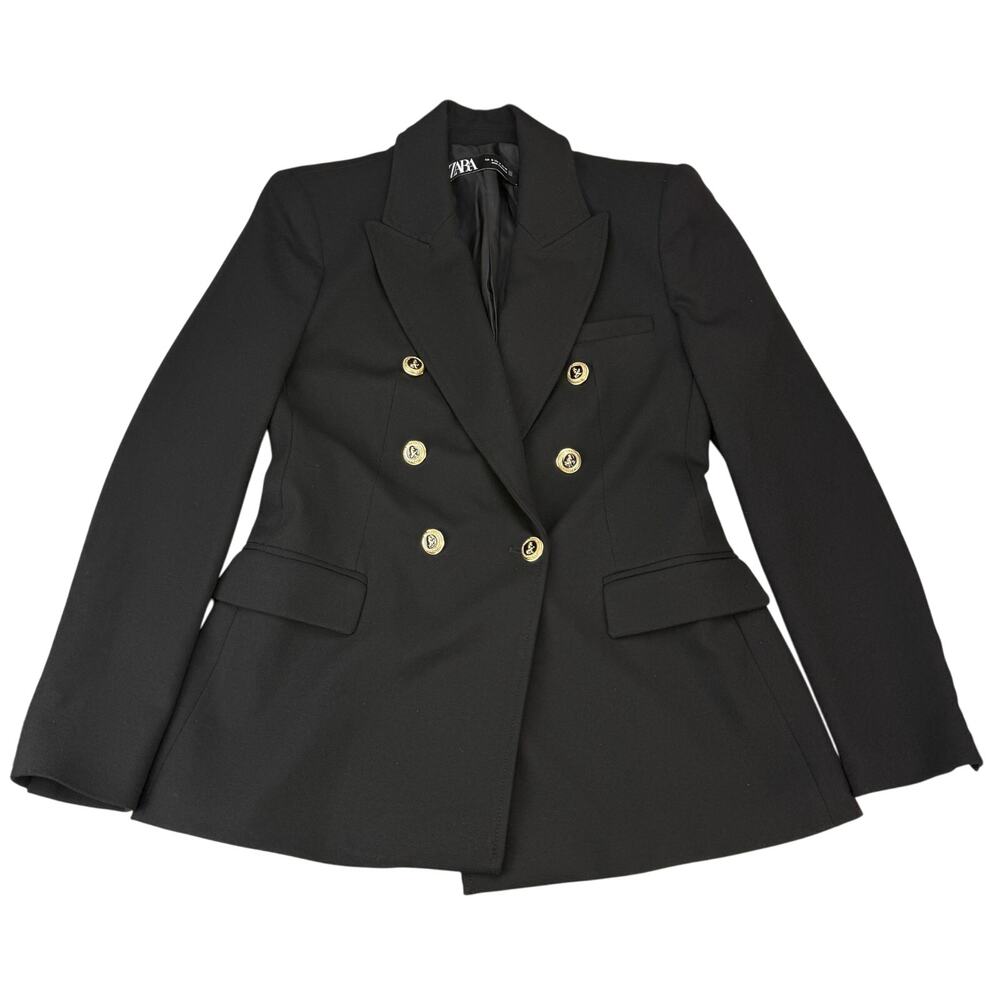 ZARA Tailored Double Breasted Gold Button Black Blazer Size Medium - Picture 5 of 10